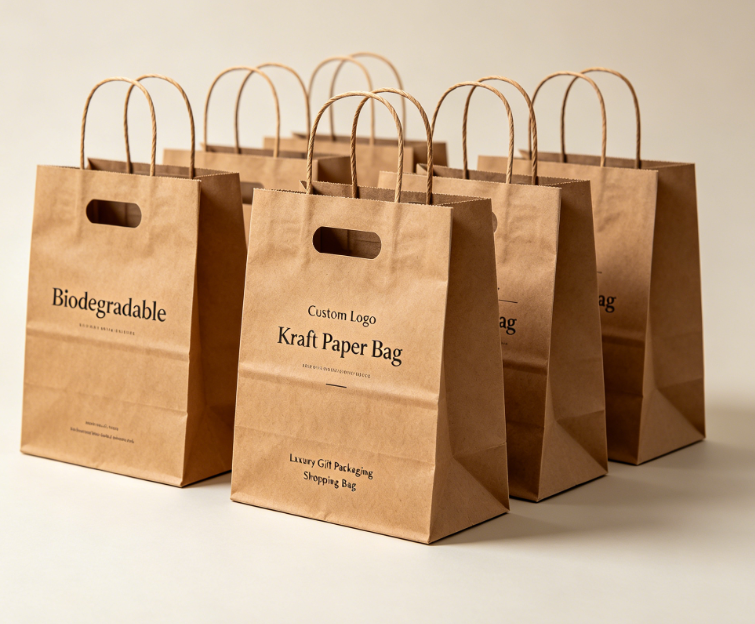 Özel Logo Biyobozunur Kalıp Kesim Kolu Kraft Kağıt Hediye Alışveriş Çantası