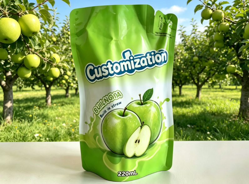 Meyve Suyu Püresi İçecekleri İçin Özel Baskılı Yerleşik Saman Torbaları 220ml