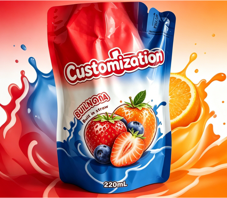 Meyve Suyu Püresi İçecekleri İçin Özel Baskılı Yerleşik Saman Torbaları 220ml