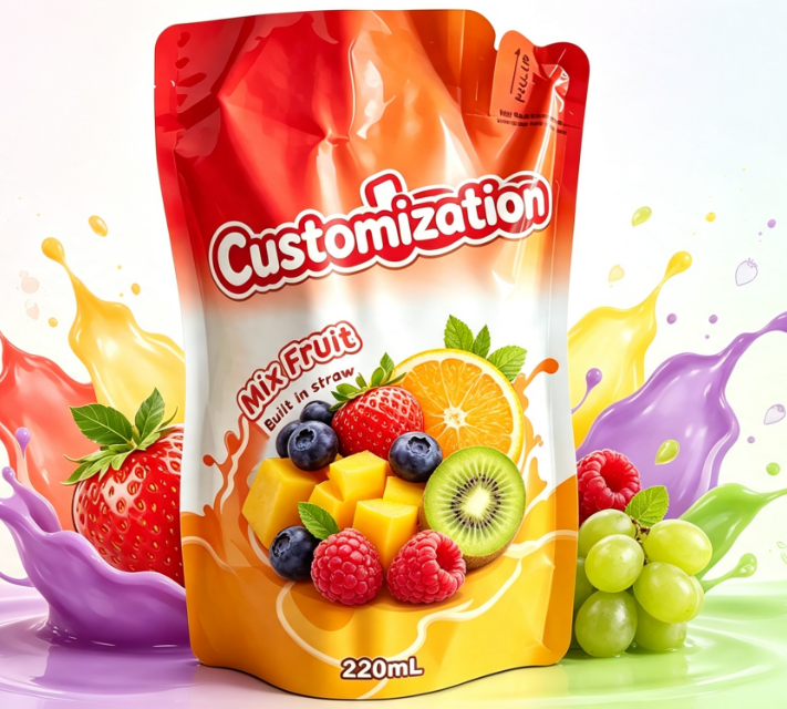 220ml Karışık Meyve Suyu Dahili Saman Torbaları Özel Baskılı İçecek Paketleme Torbaları