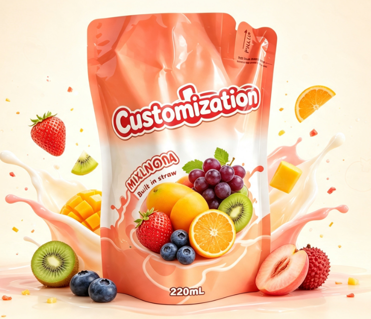 220ml Karışık Meyve Suyu Dahili Saman Torbaları Özel Baskılı İçecek Paketleme Torbaları
