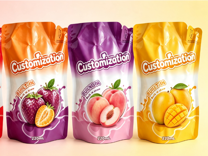 Çoklu Tatlar 220ml Dahili Saman Sıkma Torbaları Özel Meyve Püresi ve Suyu Paketleme Torbaları