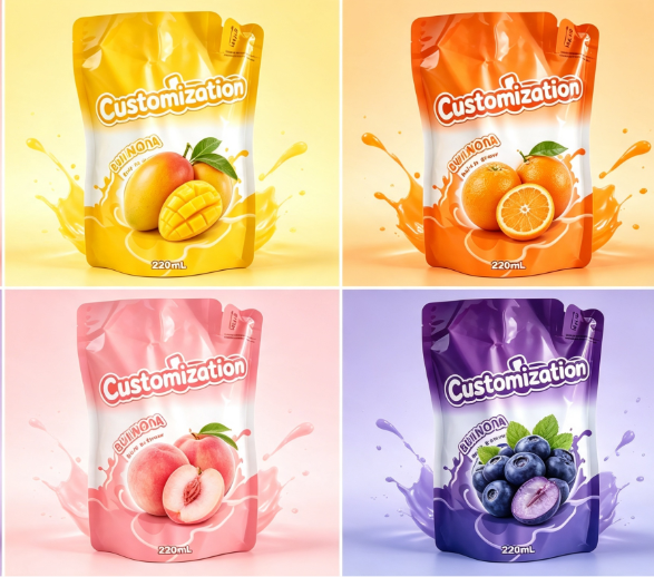 Çoklu Tatlar 220ml Dahili Saman Sıkma Torbaları Özel Meyve Püresi ve Suyu Paketleme Torbaları