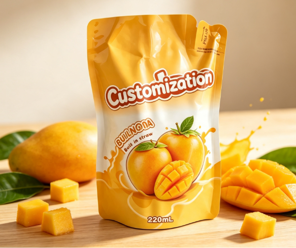 Çoklu Tatlar 220ml Dahili Saman Sıkma Torbaları Özel Meyve Püresi ve Suyu Paketleme Torbaları
