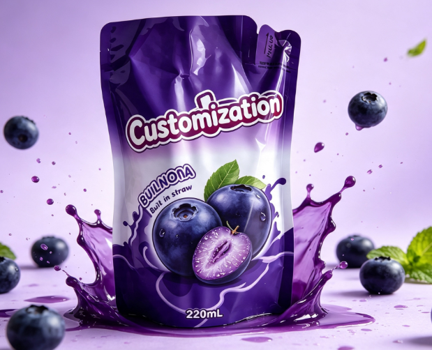 Çoklu Tatlar 220ml Dahili Saman Sıkma Torbaları Özel Meyve Püresi ve Suyu Paketleme Torbaları
