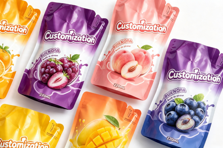 Çoklu Tatlar 220ml Dahili Saman Sıkma Torbaları Özel Meyve Püresi ve Suyu Paketleme Torbaları