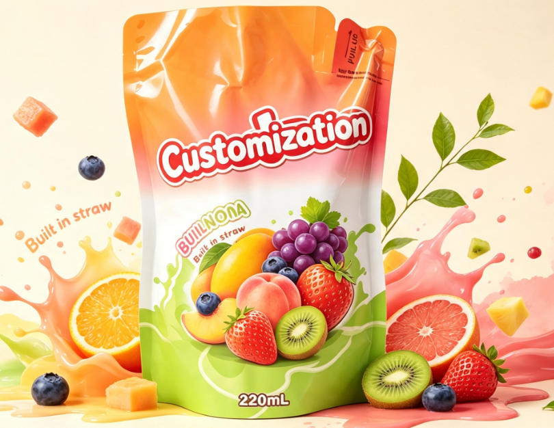 220ml Karışık Meyve Suyu Dahili Saman Torbaları Özel Baskılı İçecek Paketleme Torbaları